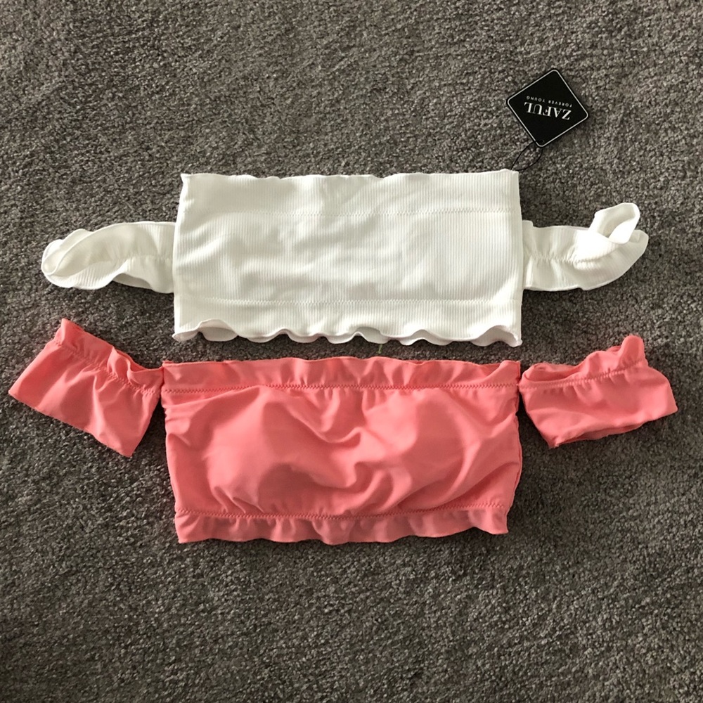 Zaful Off Shoulder Ruffle Ribbed Bikini Top Bundle